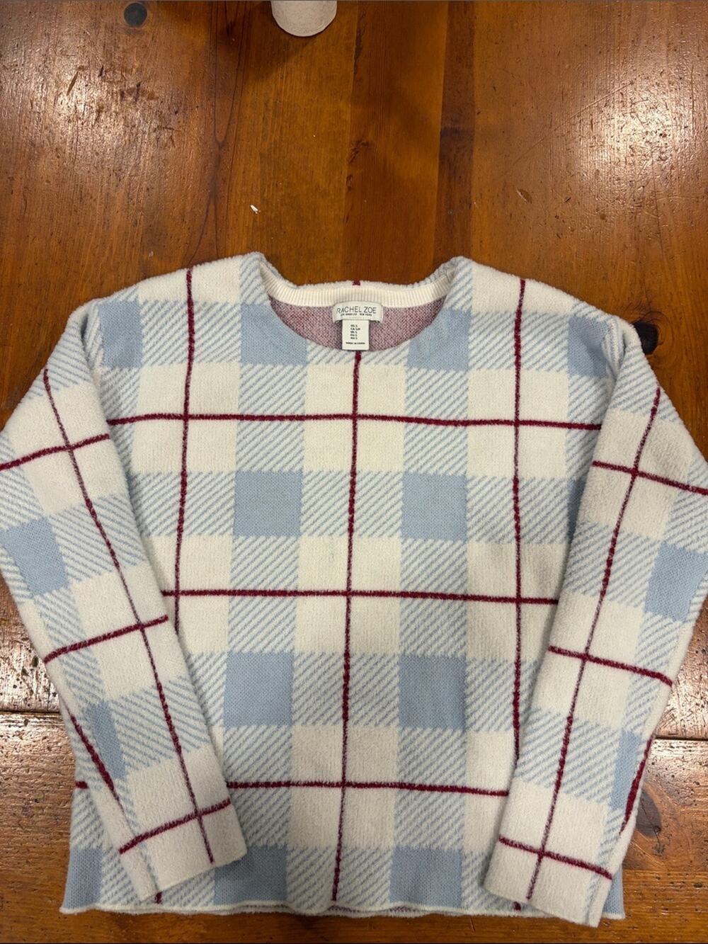 Rachel Zoe Cream & Light Blue Plaid Crewneck Sweater with Burgundy Grid